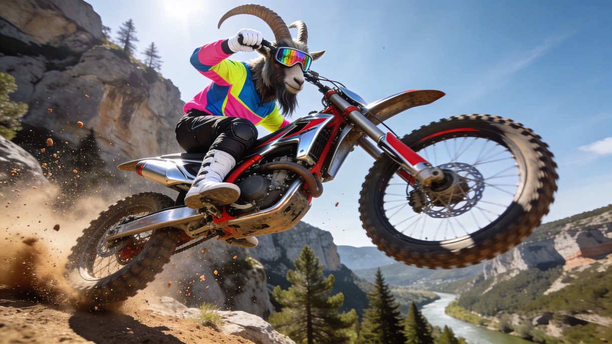 Chèvre anthropomorphe en équipement de motocross effectuant un saut spectaculaire en moto enduro dans les montagnes rocheuses d'Ardèche pour le Rochepaule Xtrême Rodéo