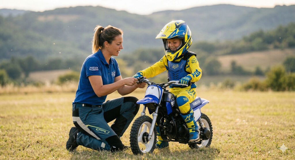 Un moniteur diplômé du Domaine de Rochepaule agenouillé à côté d'un enfant (environ 10 ans) sur une mini-moto, lui expliquant comment positionner ses mains sur le guidon.