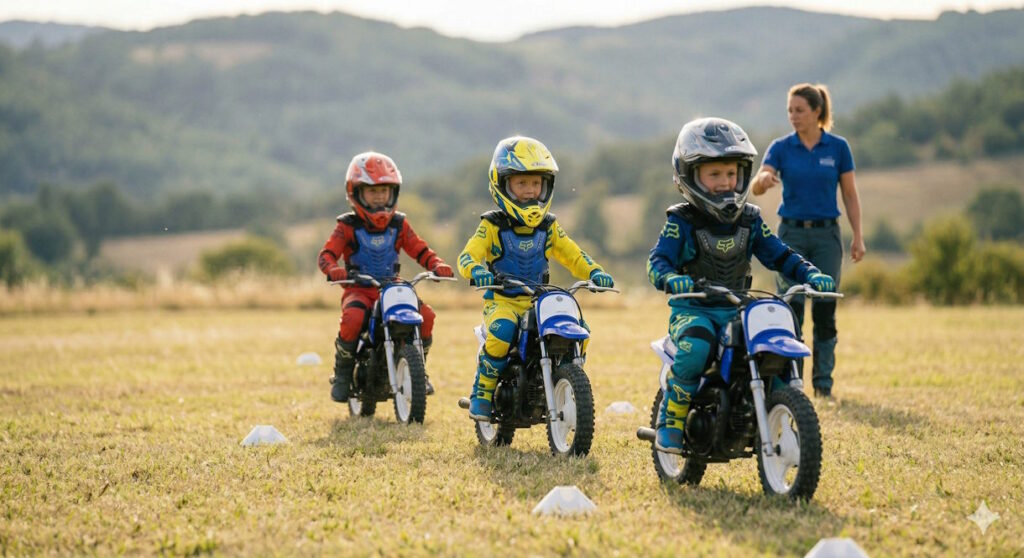 Un groupe de trois enfants (8-14 ans) équipés de la tête aux pieds (casques colorés, pare-pierres, gants) roulant en file indienne sur un terrain plat en herbe, balisé par des plots. Le moniteur les observe en arrière-plan