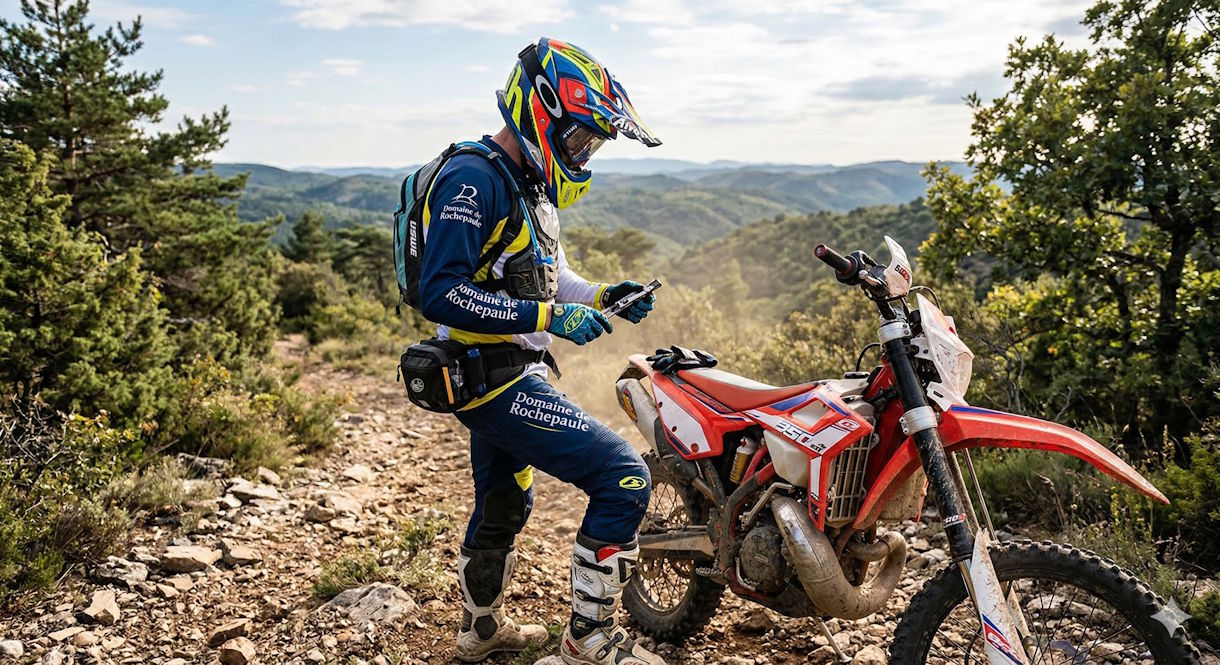 Pilote utilisant ses outils moto off road sur un chemin rocailleux, illustrant l'équipement indispensable pour une randonnée moto enduro.