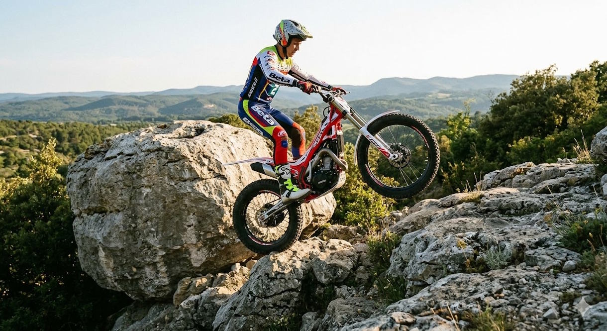 Une personne en moto trial qui franchi un obstacle en rocher