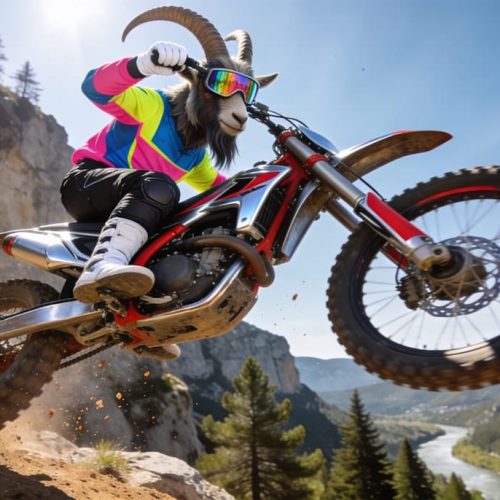Chèvre anthropomorphe en équipement de motocross effectuant un saut spectaculaire en moto enduro dans les montagnes rocheuses d'Ardèche pour le Rochepaule Xtrême Rodéo